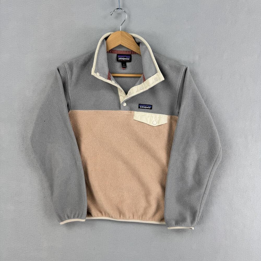 Patagonia Synchilla Jacket Womens Small Gray Tan Fleece Snap-T Pullover Outdoor